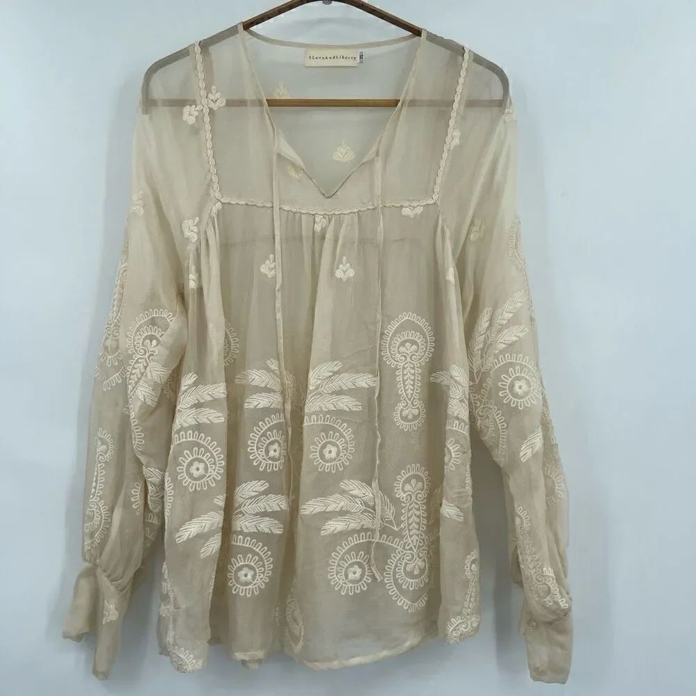 4 Love And Liberty Cream Floral Embroidered Sheer Silk Chiffon Blouse XS